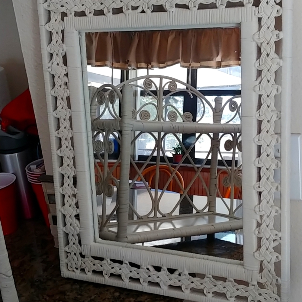 Two piece wicker shelf and mirror